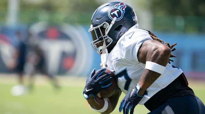 Tennessee Titans running back Derrick Henry (22) runs through drills during practice at Ascension Saint Thomas Sports Park Wednesday, Sept. 7, 2022, in Nashville, Tenn.